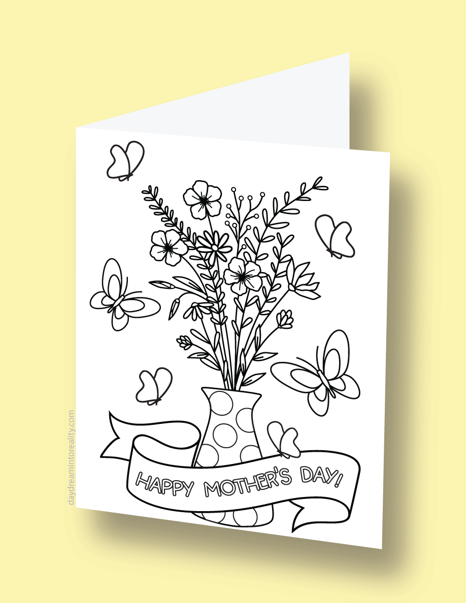 Mother's Day coloring card with a vase of flowers and a banner.