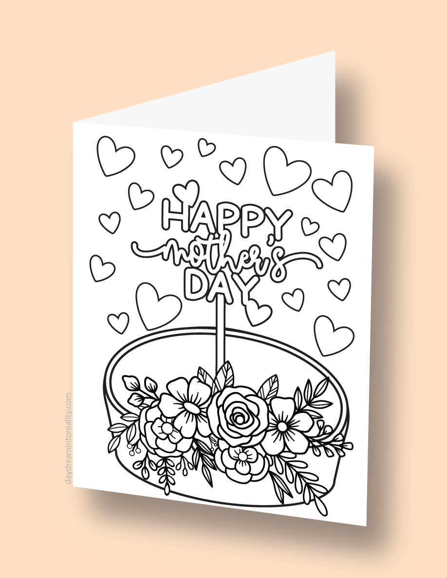 Mother's Day coloring card with a cake, hearts, and floral arrangement.