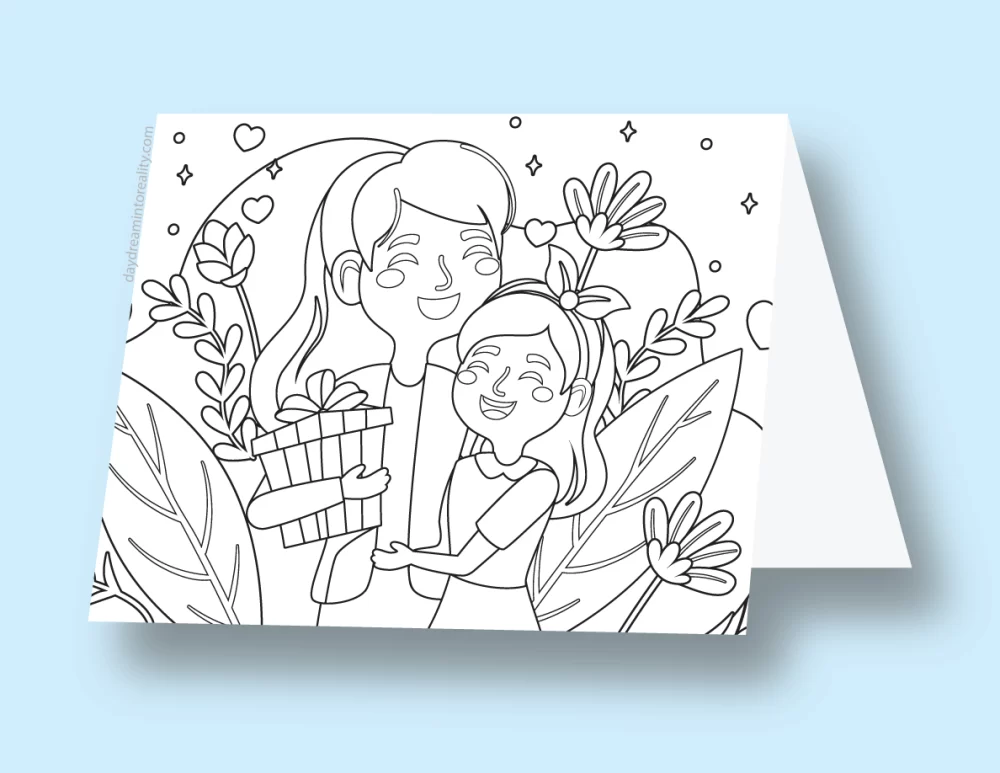Mother's Day coloring card of a mother and daughter with flowers and a gift.