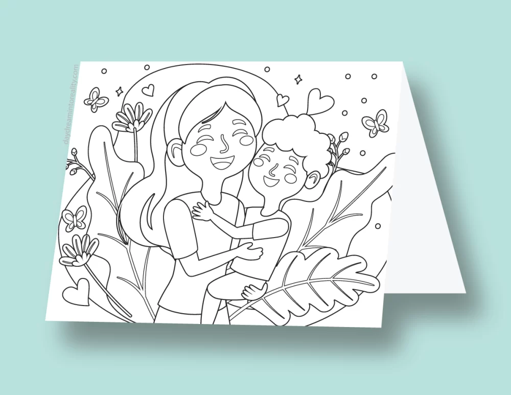 Mother's Day coloring card of a mom hugging her son with butterflies and flowers.
