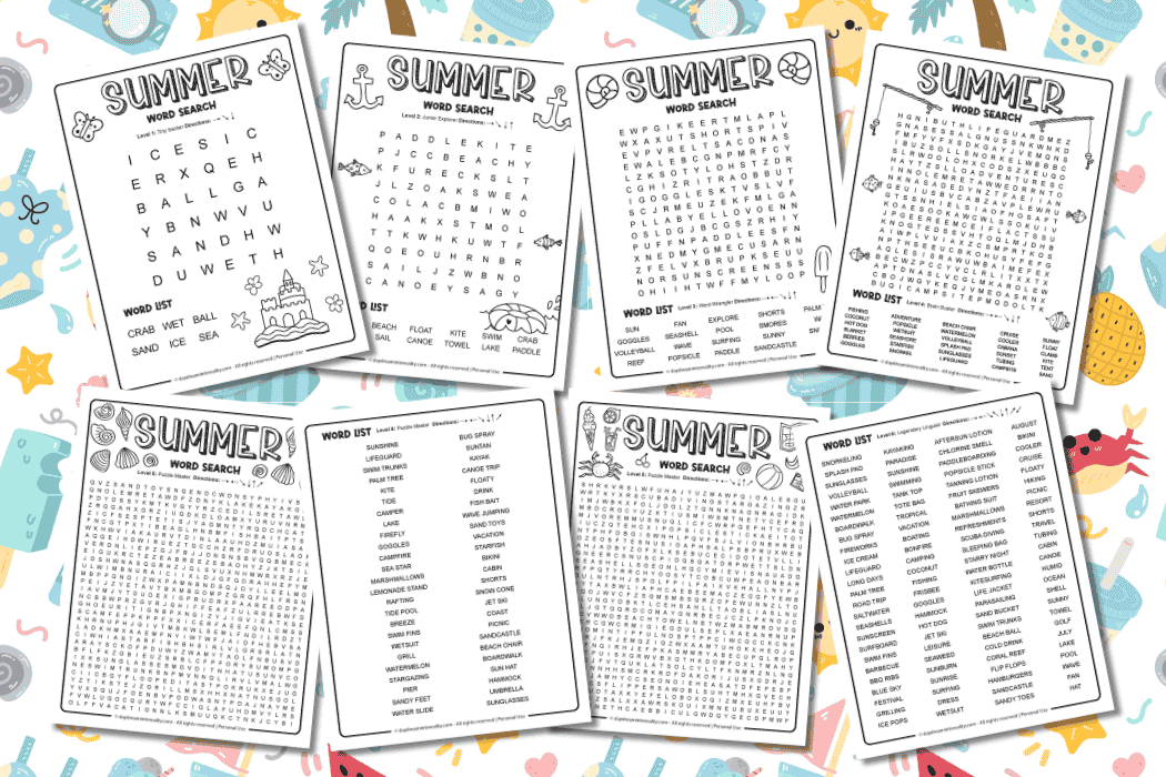 Printable Summer Word Search PDF pack - fun activity for kids and families.
