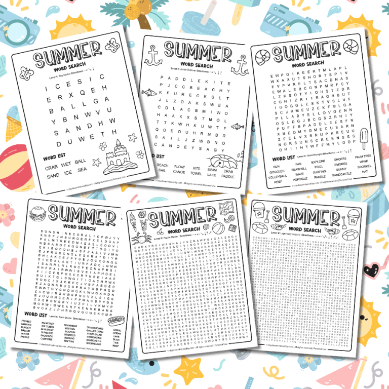 Free printable Summer Word Search worksheets PDF - easy to challenging puzzles