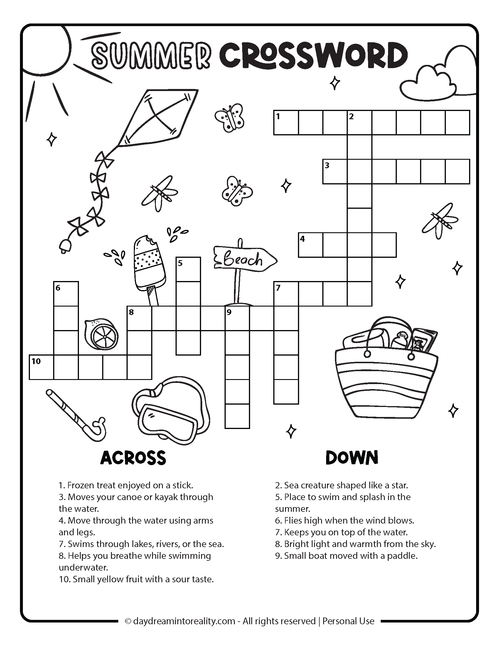 Summer Crossword Level 1 Option 1: Easy-level summer-themed crossword puzzle for kids. Includes simple clues and fun seasonal illustrations.  
