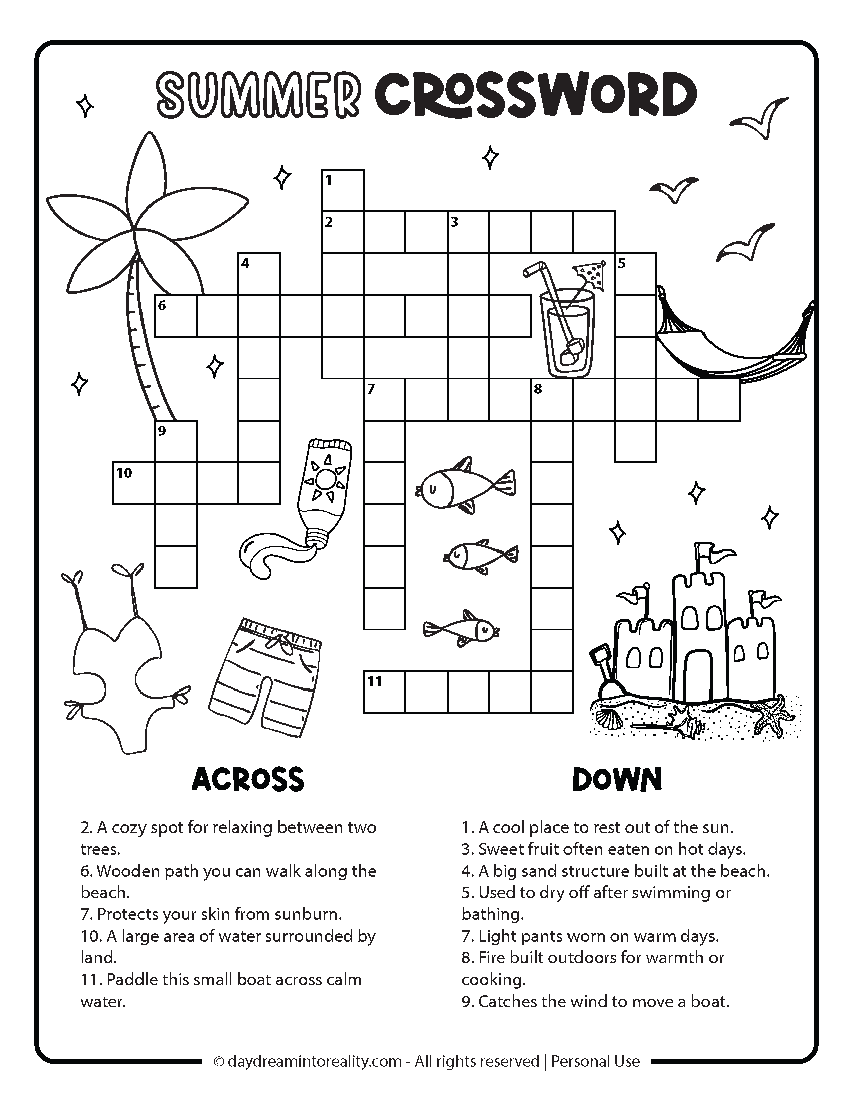 Summer Crossword Level 1 Option 2: Easy summer crossword activity for children with playful graphics and a basic puzzle grid.  
