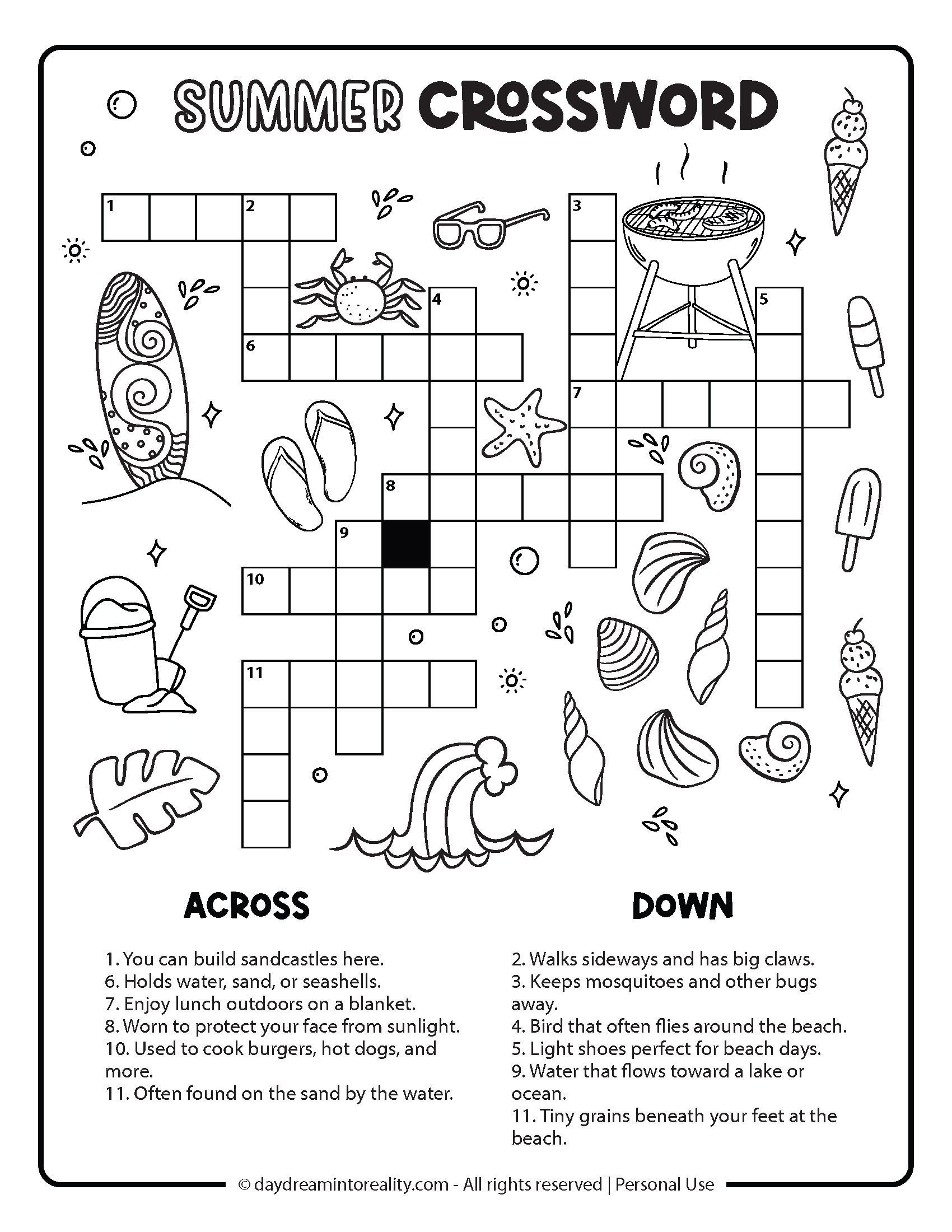 Summer Crossword Level 1 Option 3: Easy printable summer crossword worksheet featuring kid-friendly art and beginner-level clues.