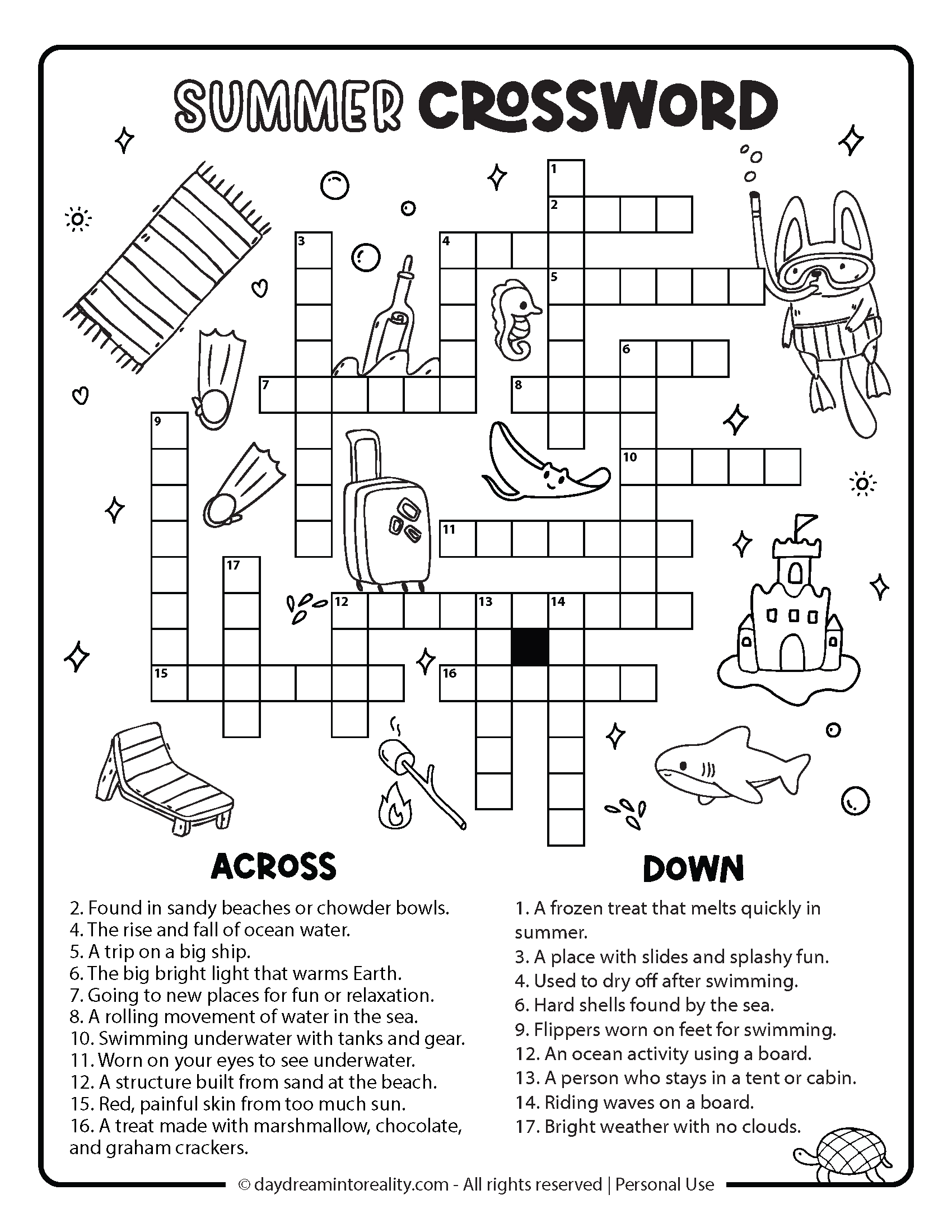 Summer Crossword Level 2 Option 1: Medium-level summer crossword puzzle. A fun printable with themed drawings and moderate clues.