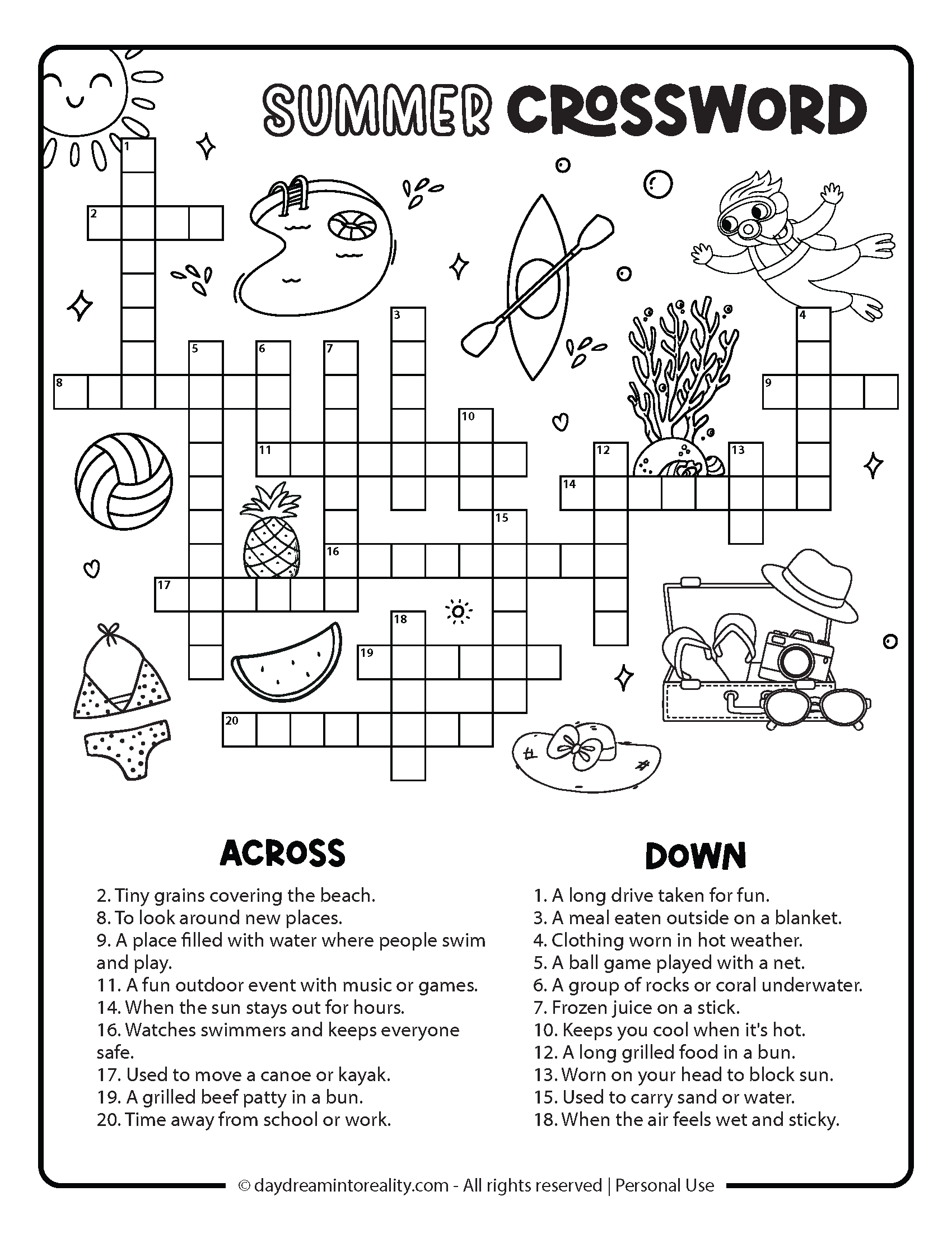 Summer Crossword Level 2 Option 2: Medium summer crossword activity sheet for kids. Includes decorative seasonal images and a mix of clues.