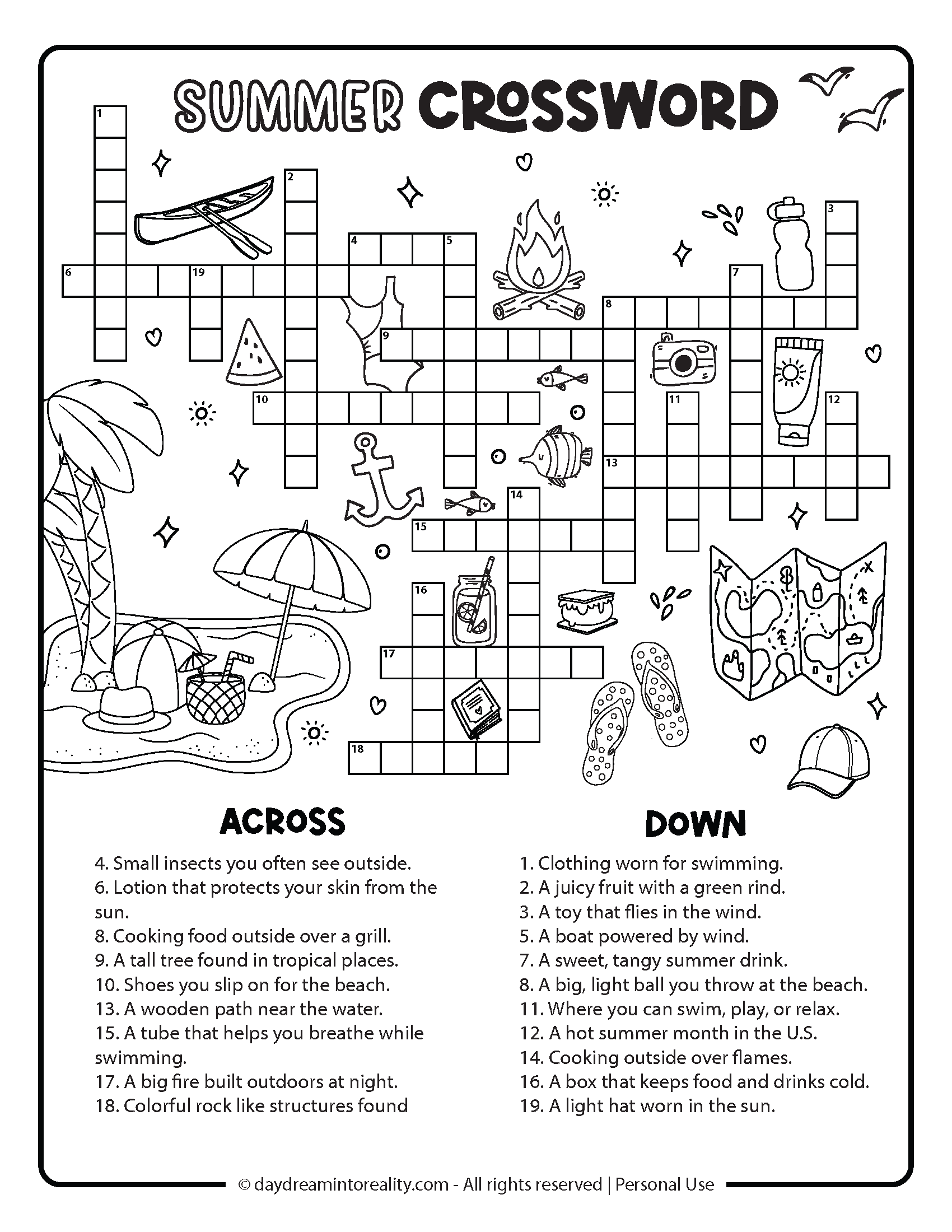 Summer Crossword Level 2 Option 3: Medium difficulty summer-themed crossword with fun illustrations and a well-balanced puzzle layout.