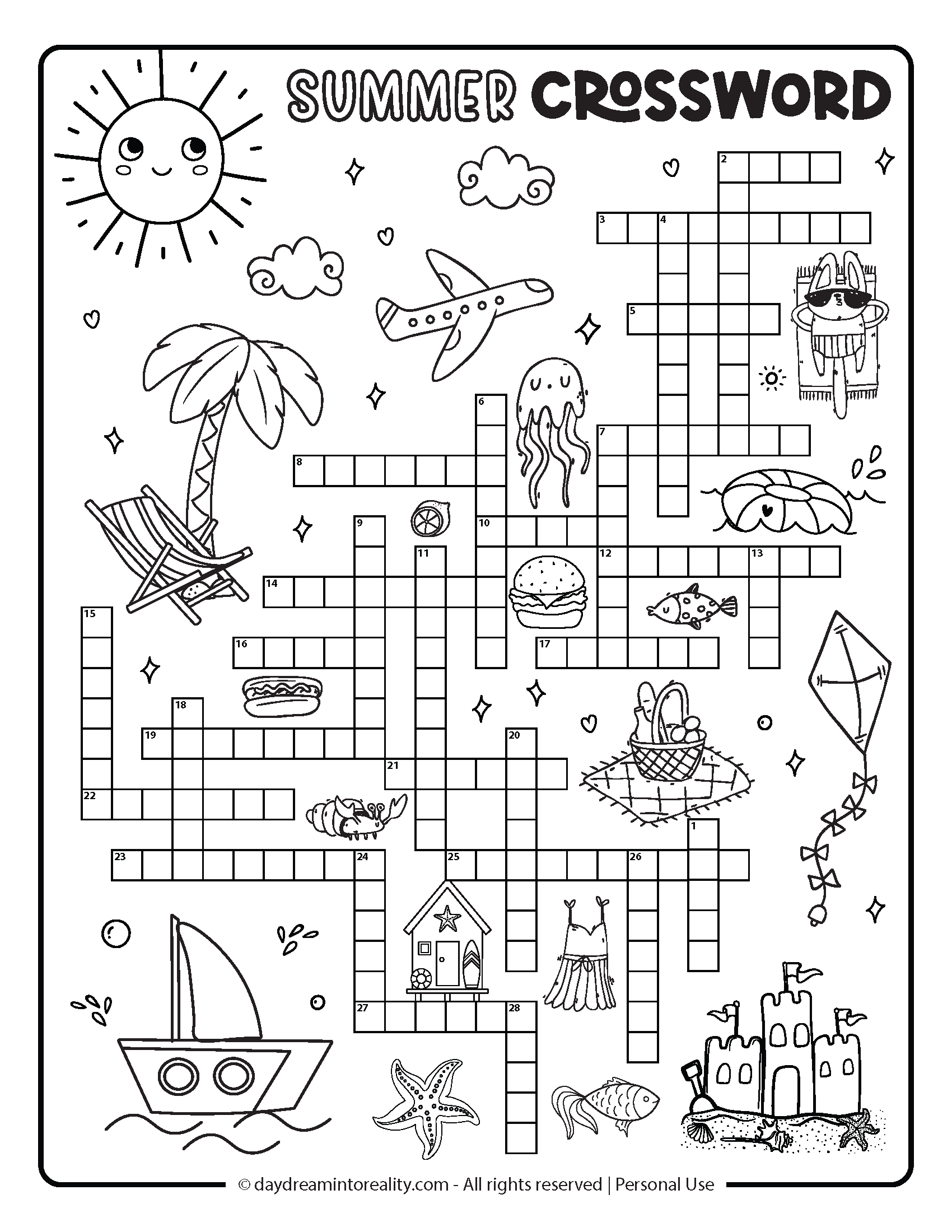 Summer Crossword Level 3 Option 1: Hard summer crossword puzzle for kids. Printable with a larger grid and challenging clue set.