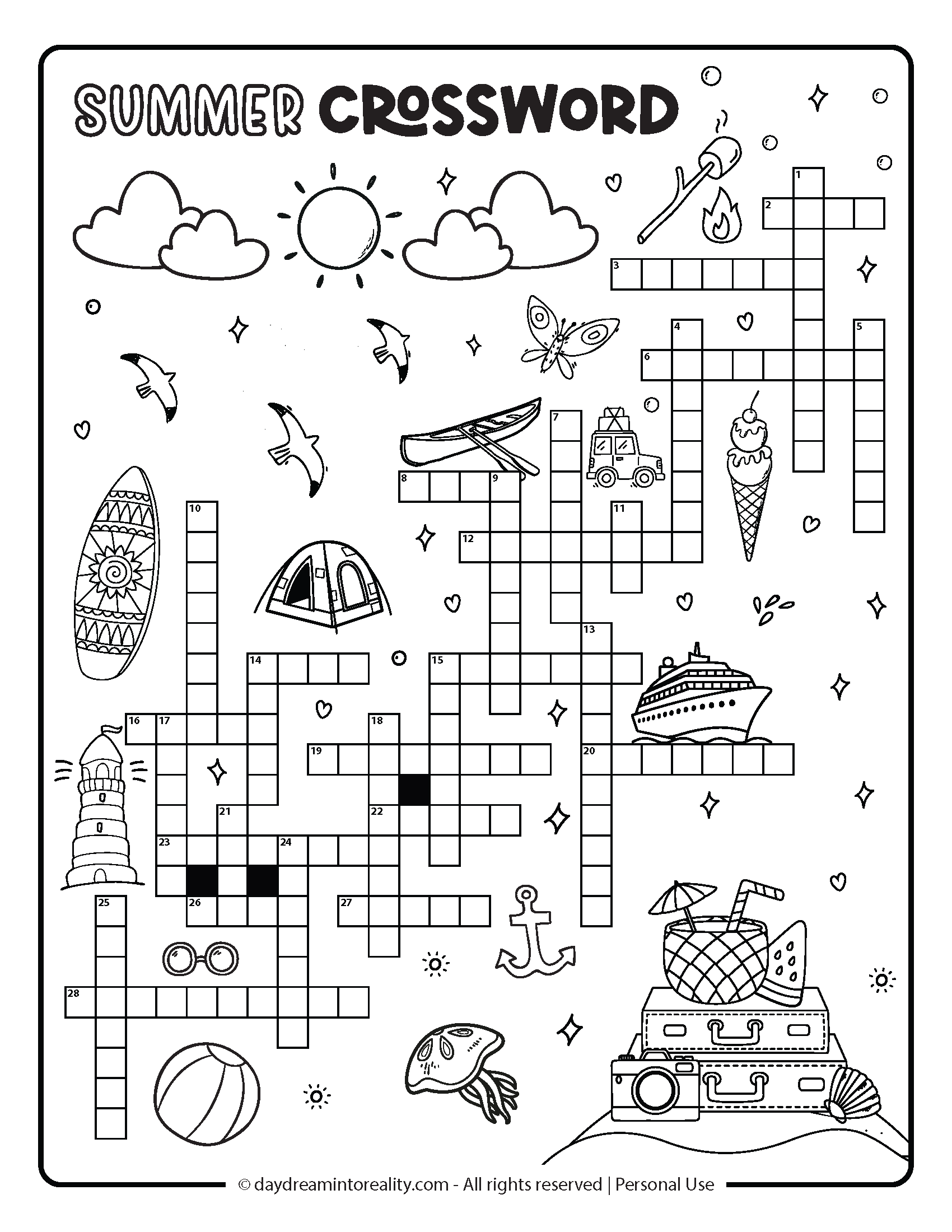Summer Crossword Level 3 Option 2: Hard summer crossword worksheet featuring seasonal artwork and a more complex word layout.