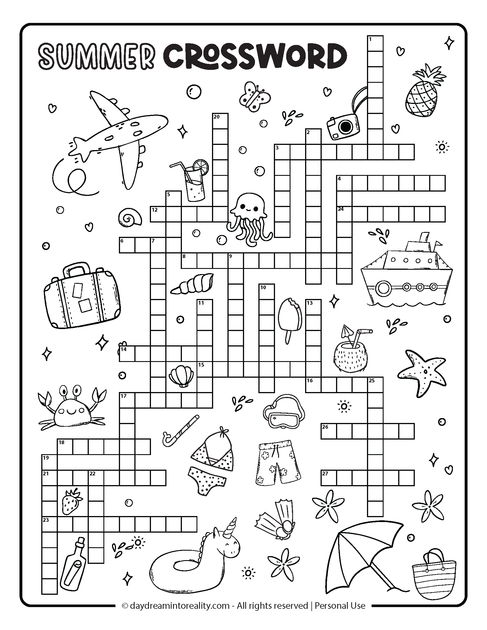 Summer Crossword Level 3 Option 3: Hard-level summer crossword with fun illustrations and a more advanced puzzle for older kids.