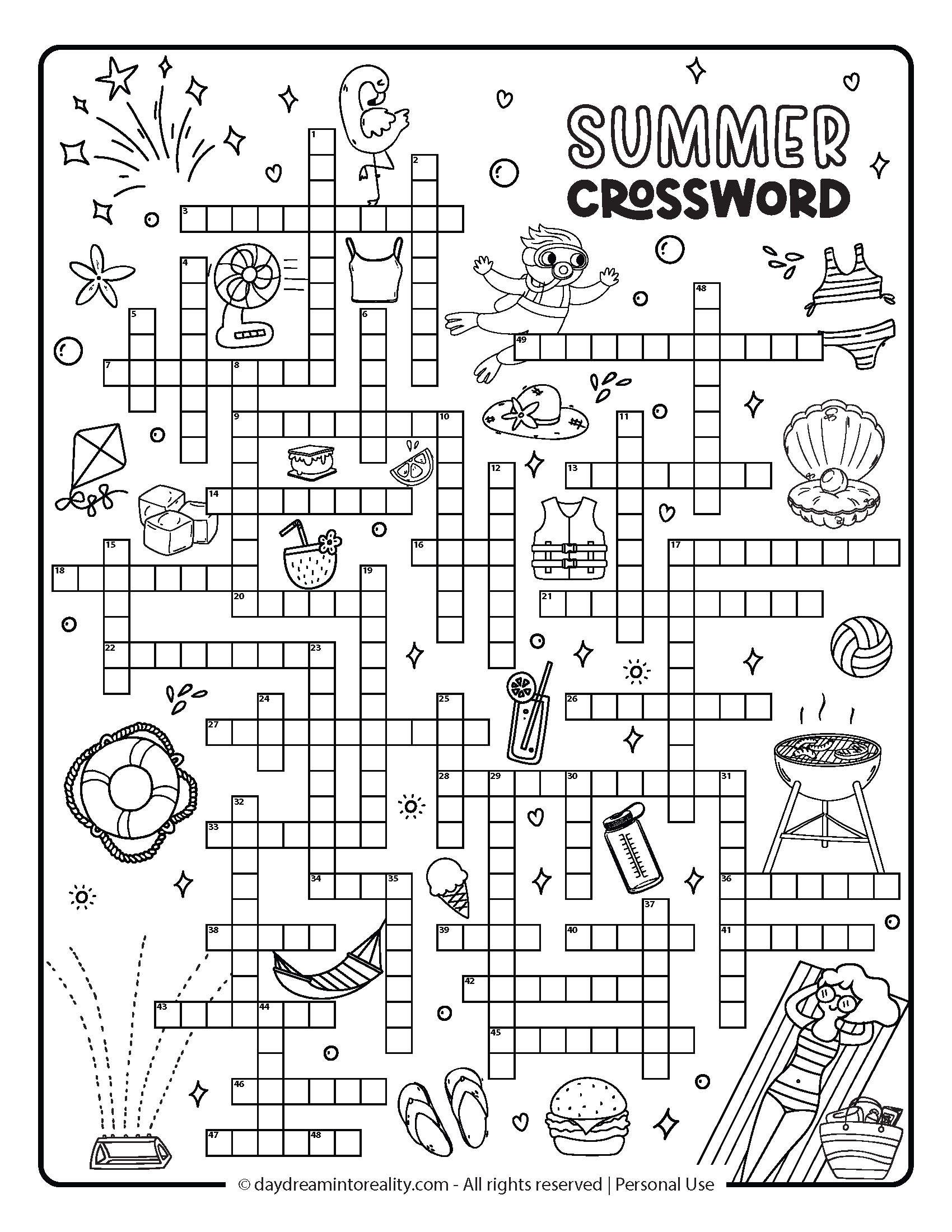 Summer Crossword Level 4 Option 1: Advanced summer crossword activity. Full-page printable with detailed seasonal graphics and a large puzzle grid.