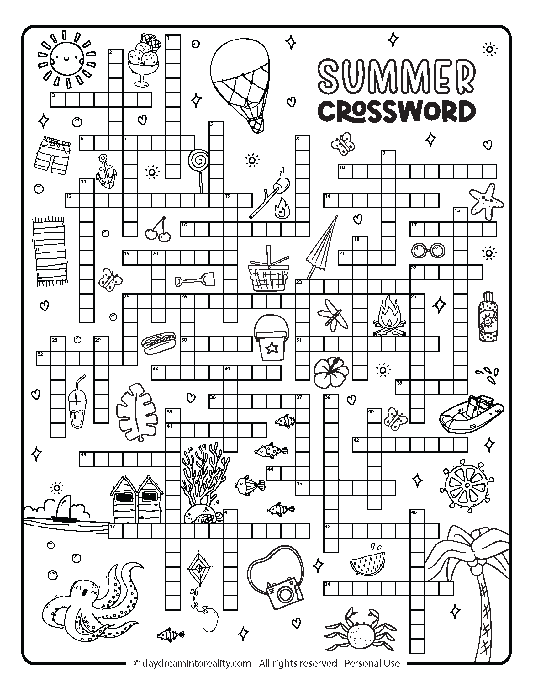 Summer Crossword Level 4 Option 2: Advanced summer-themed crossword puzzle for confident solvers. Includes decorative art and an expanded layout.
