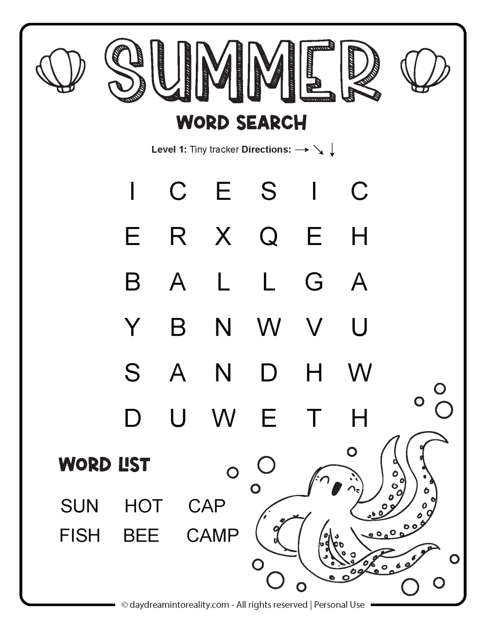 Free printable Summer Word Search PDF for early readers - 6 easy words
