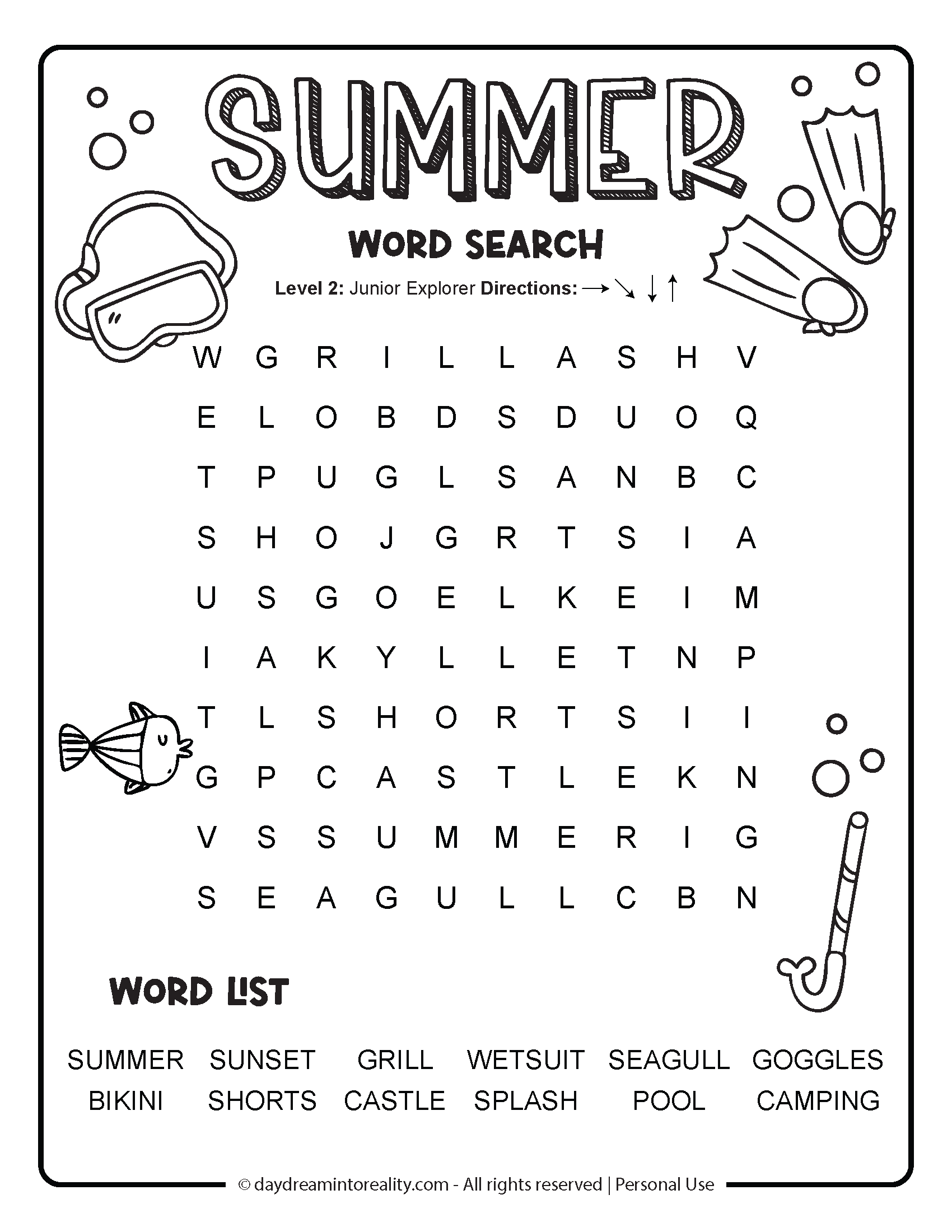 Summer-themed Word Search PDF puzzle - 12 easy words for kids