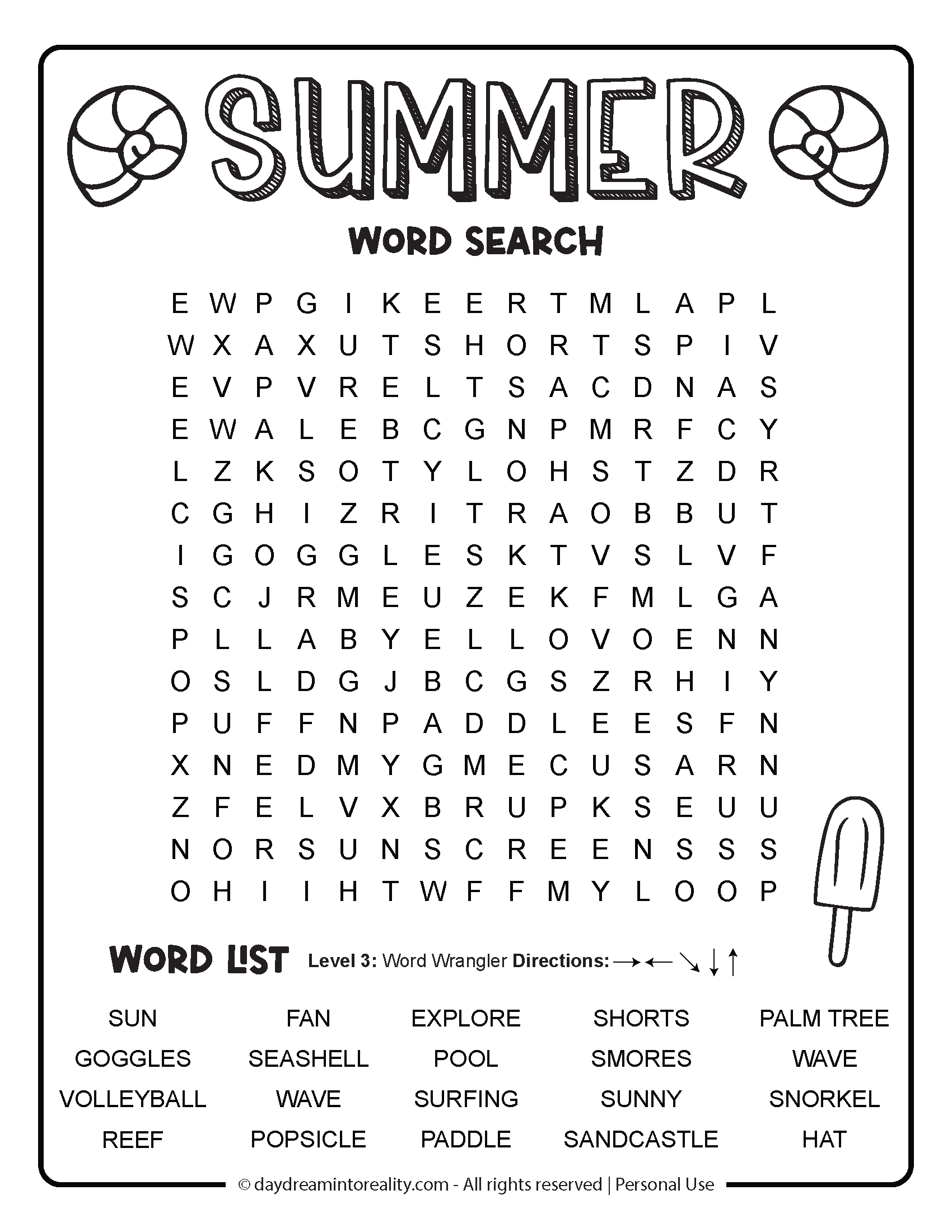 Free Summer Word Search puzzle PDF - 20 word printable for elementary kids