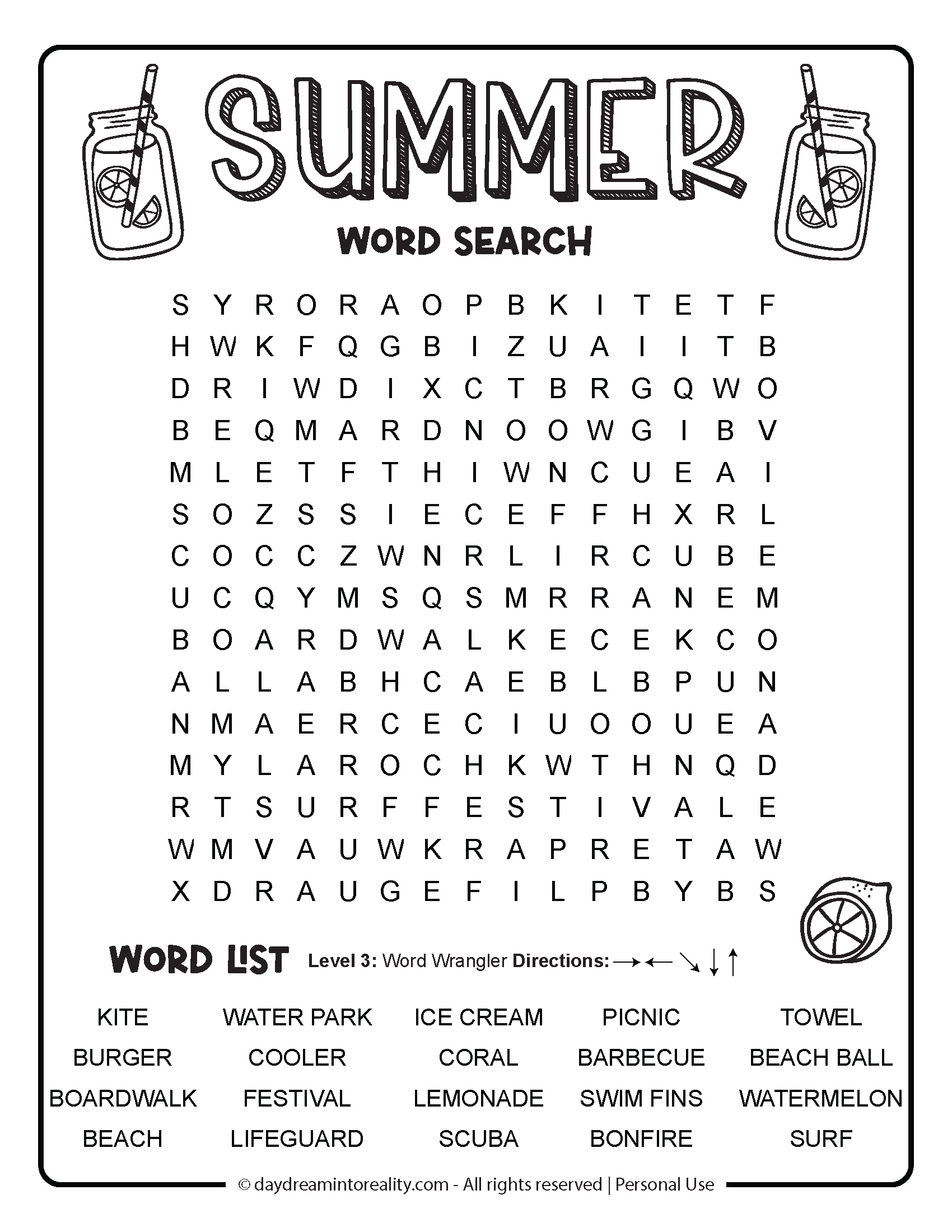 Summer Word Search printable PDF - 20 fun words for kids to find