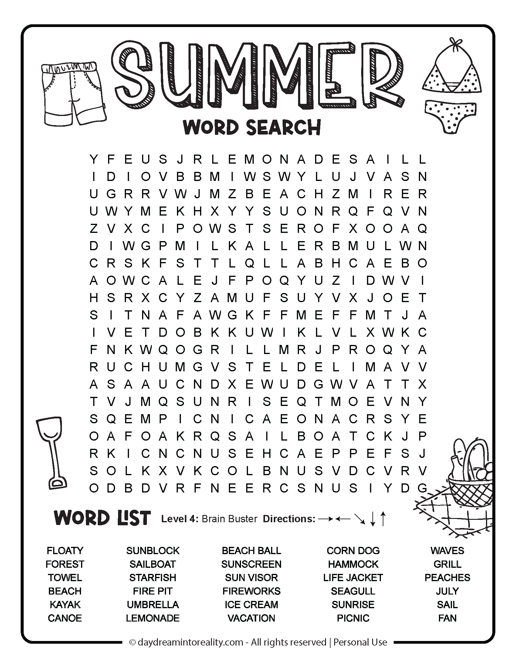 Printable Summer Word Search PDF - 30 word puzzle for older kids and teens