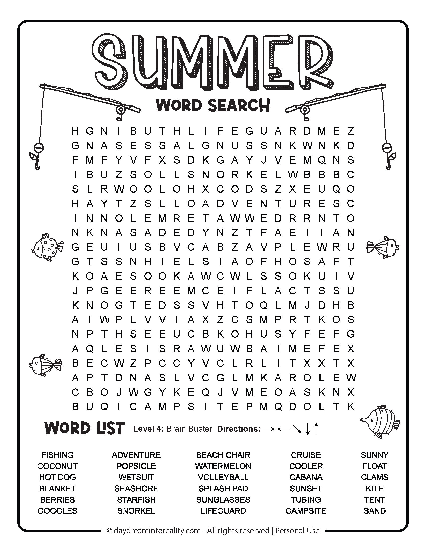 Fun Summer Word Search printable PDF - 30 word challenge for kids