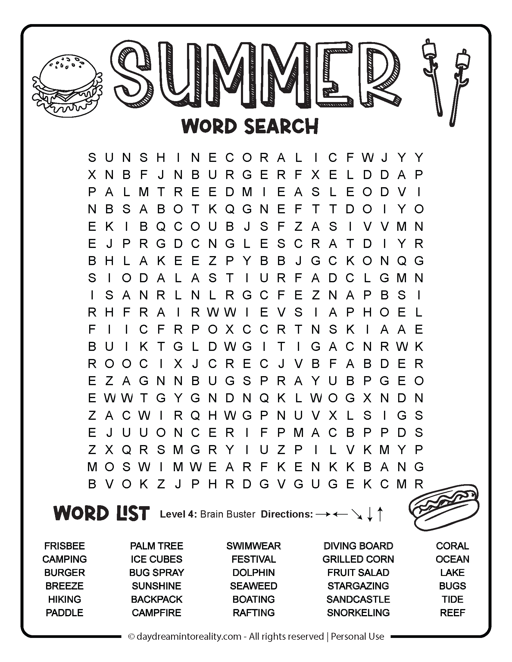Summer Word Search puzzle PDF - 30 word printable activity for kids and adults