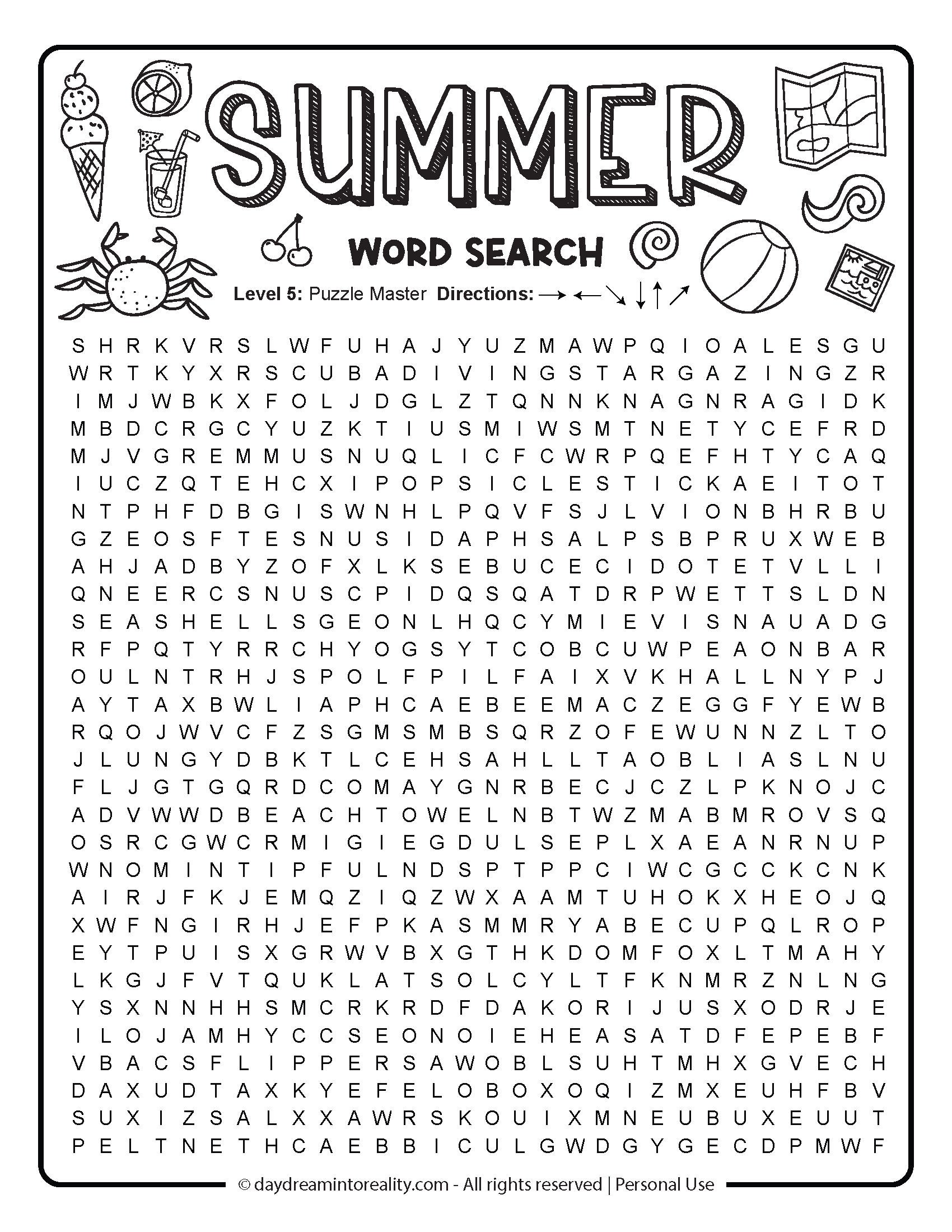 Summer Word Search printable PDF - 50 challenging words to find