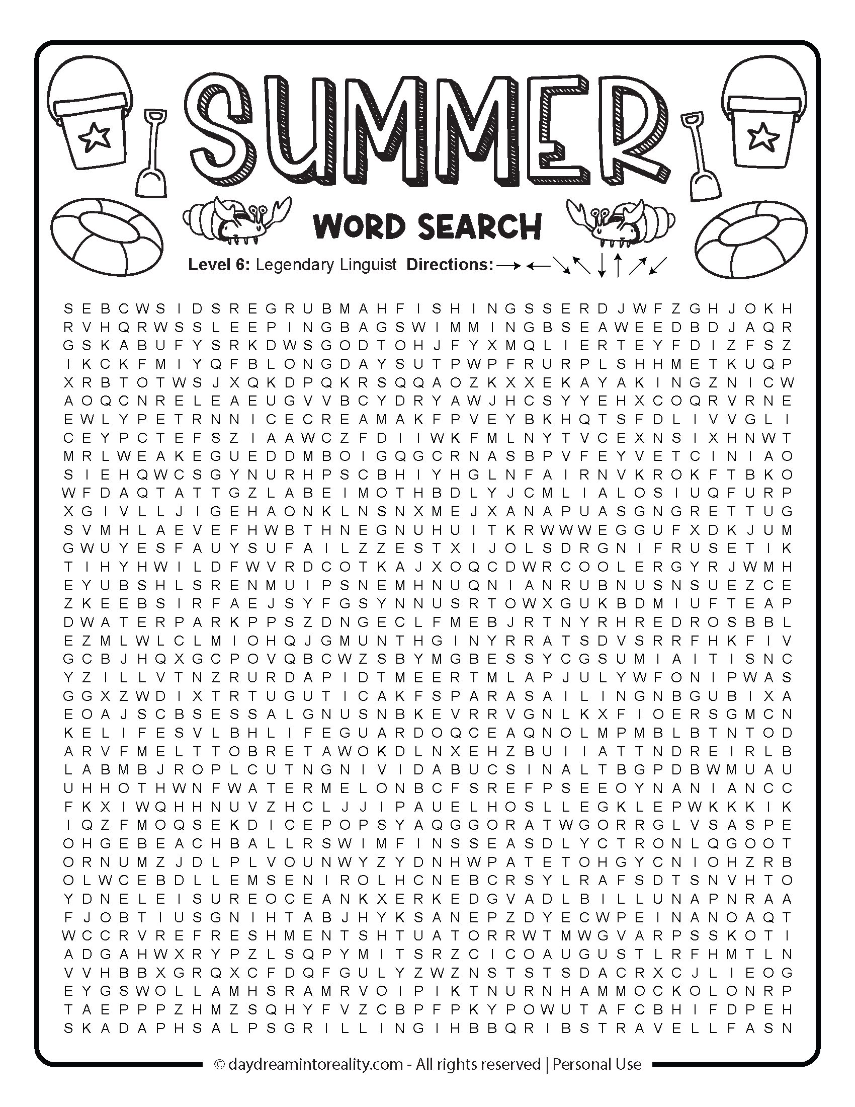 Legendary Summer Word Search PDF - 100 word printable puzzle for teens and adults