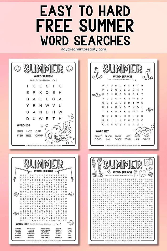 Free Summer Word Search printables PDF - easy to challenging word puzzles for all ages