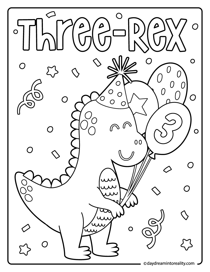 Three-rex dinosaur birthday coloring page with number 3 balloon