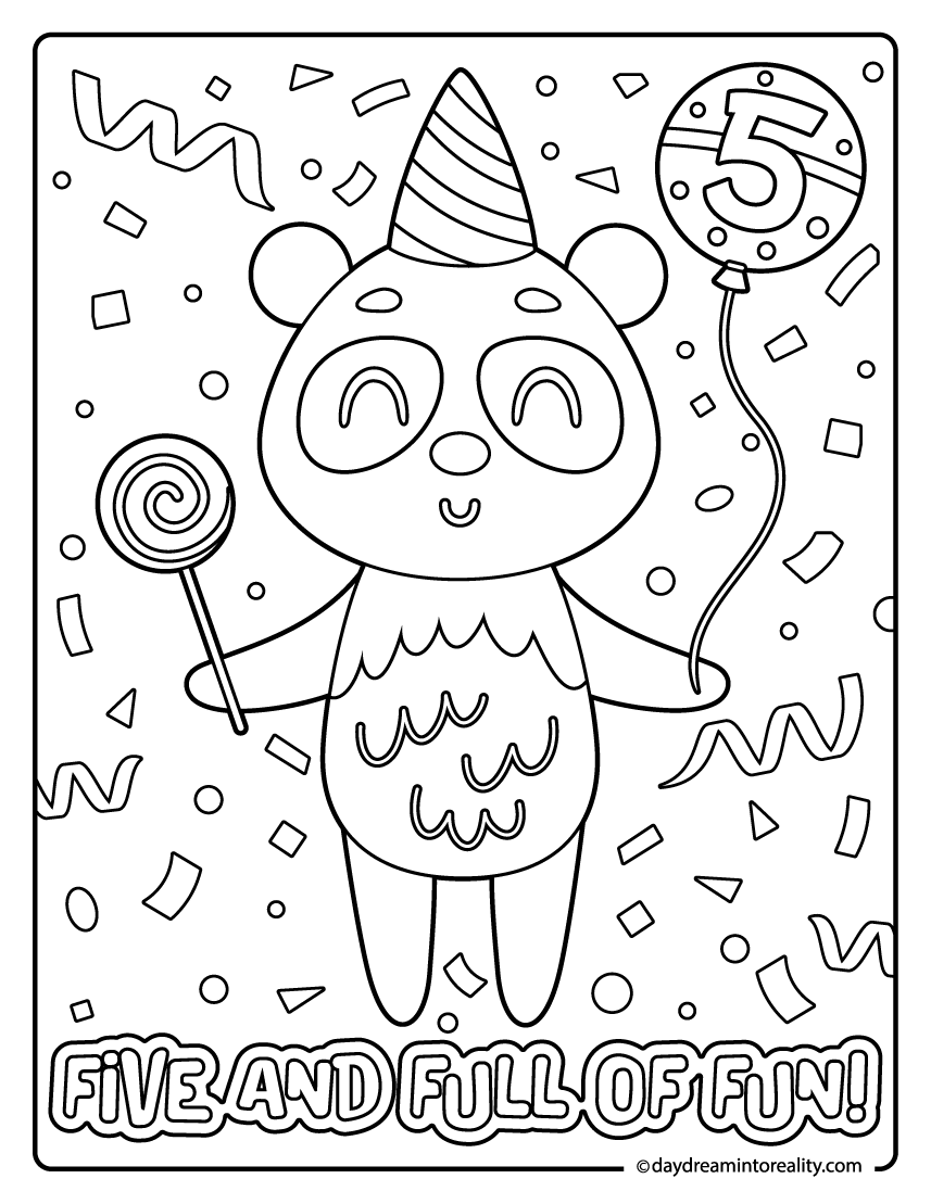 Bear birthday coloring page with lollipop and cute party hat