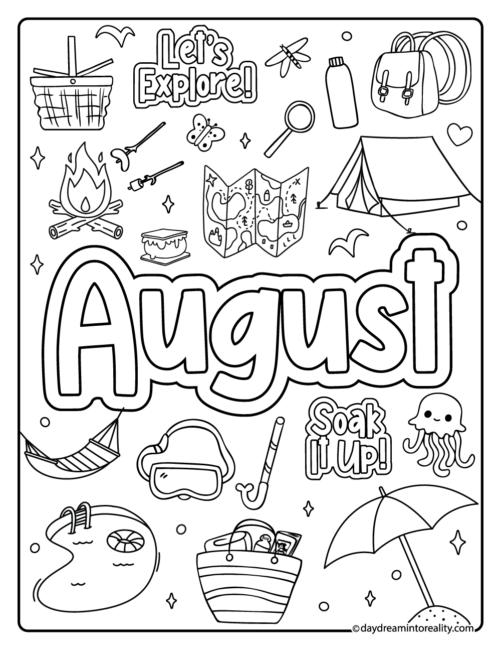 August doodle collage coloring page