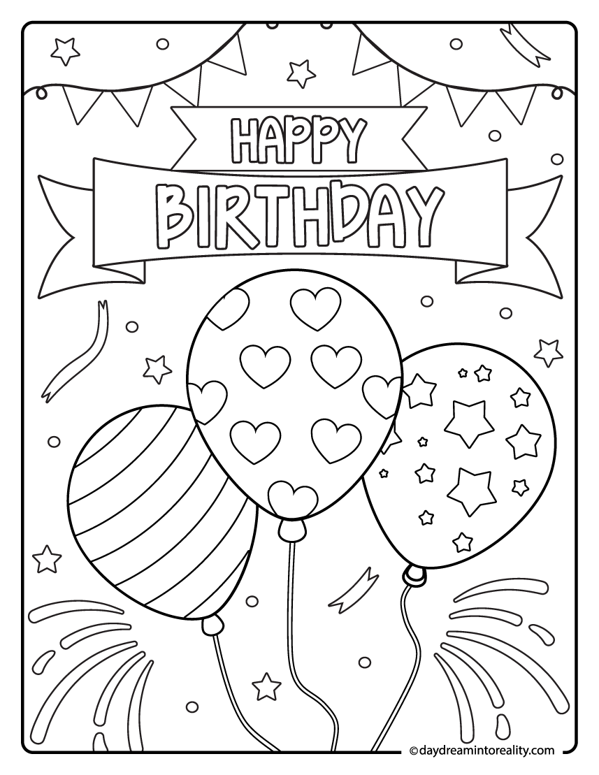 Heart, stars, and stripes balloons birthday coloring page