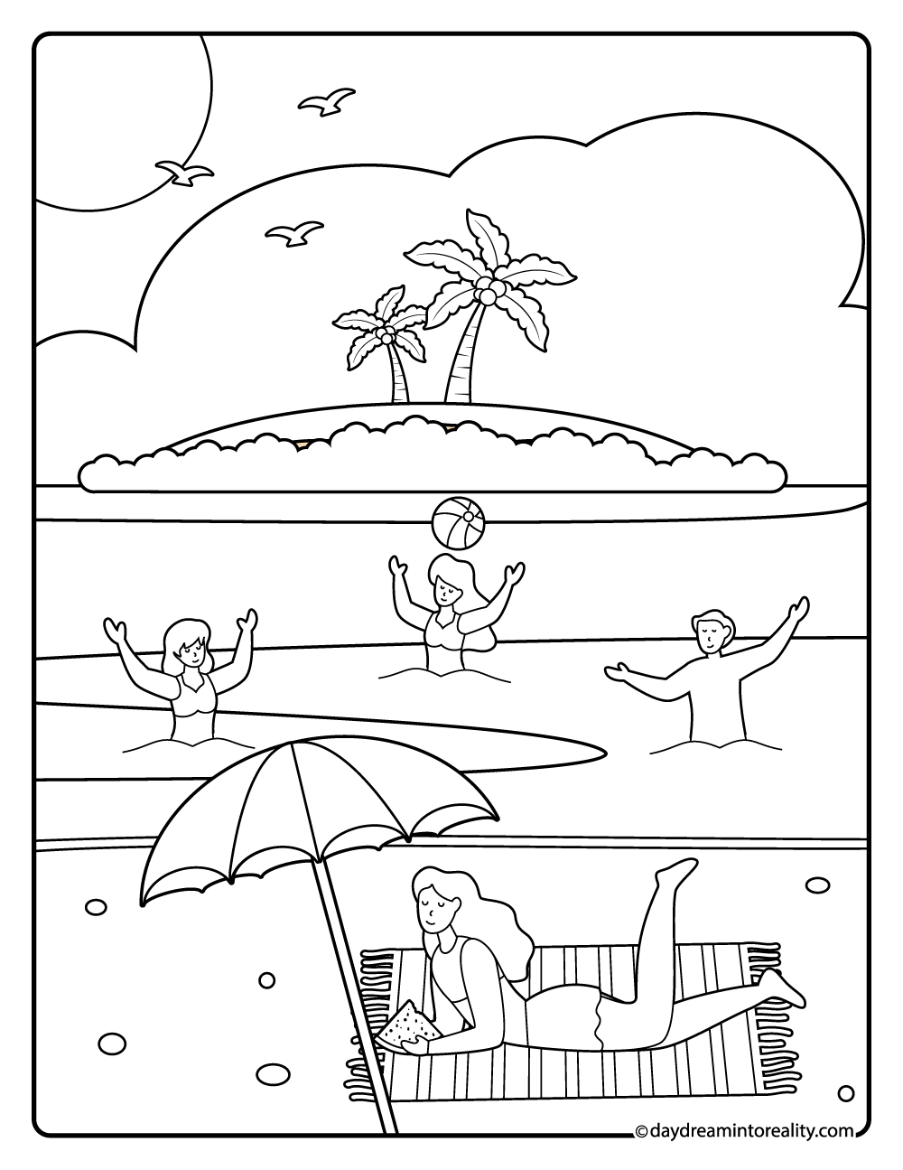Beach ball playing in the ocean coloring page