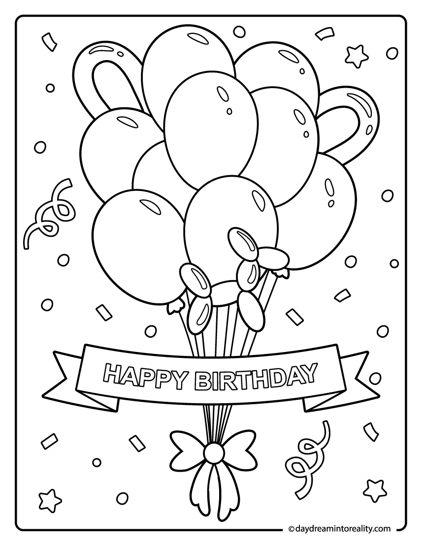 Balloons with birthday banner coloring page and streamers