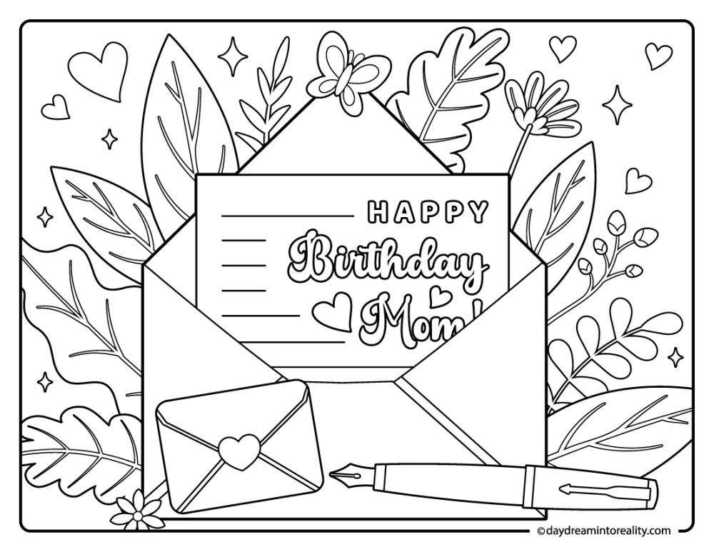 Mom birthday letter envelope coloring page with hearts and flowers
