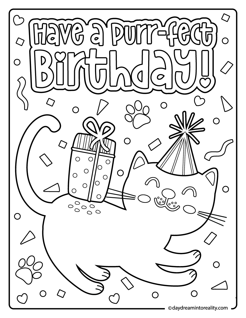 Playful cat birthday coloring sheet with present and party theme
