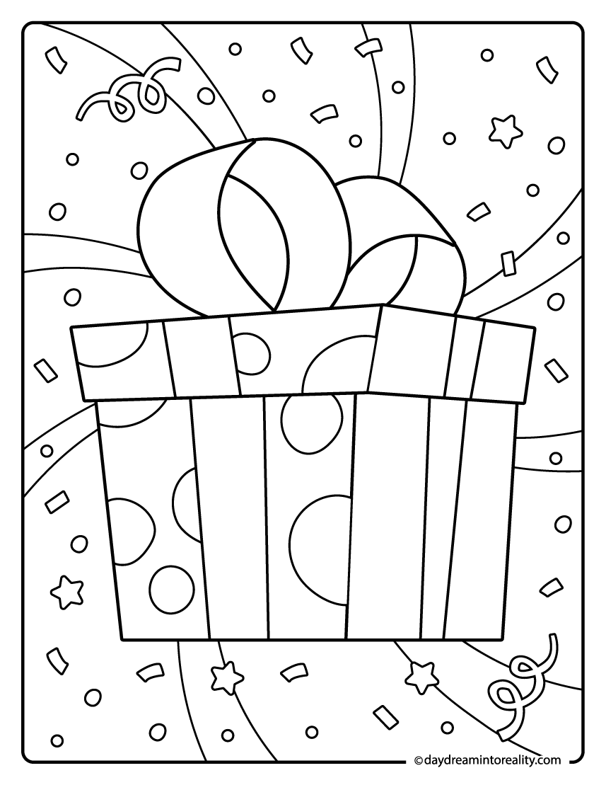 Large gift box birthday coloring page with ribbons and polka dots