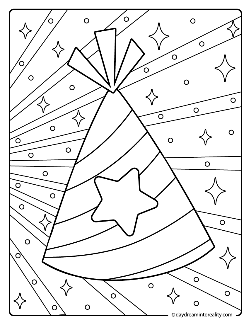 Party hat with star burst background birthday coloring sheet