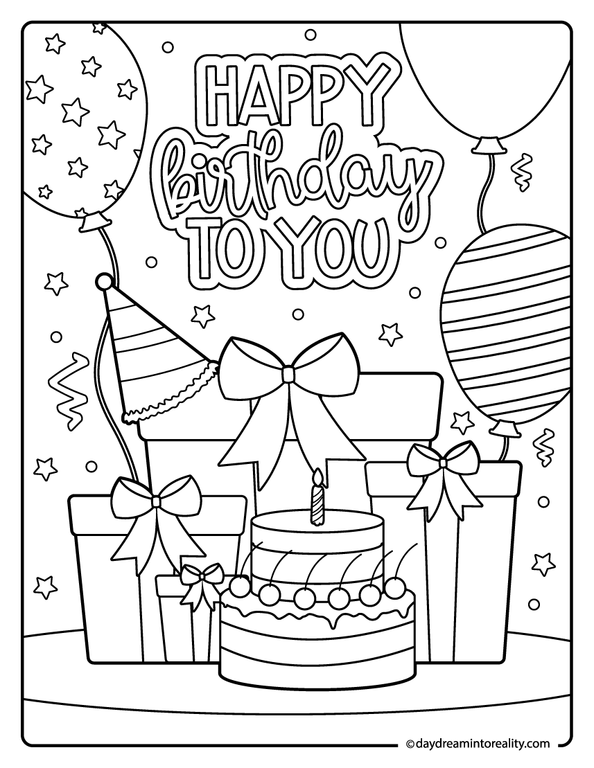 Happy birthday coloring page with large wrapped boxes and balloons