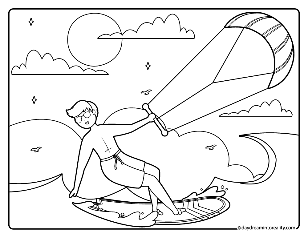 Boy parasailing over the ocean coloring page