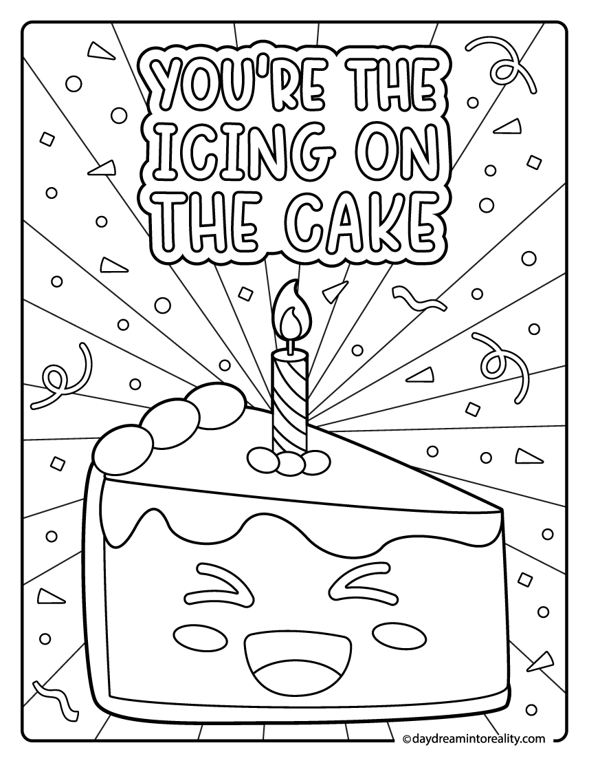 Birthday cake slice with candle and pun 'you’re the icing on the cake'