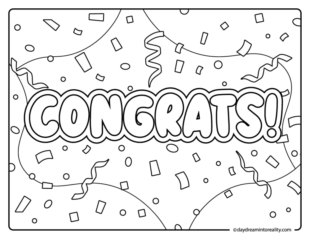 Big 'Congrats' birthday coloring page with confetti and streamers