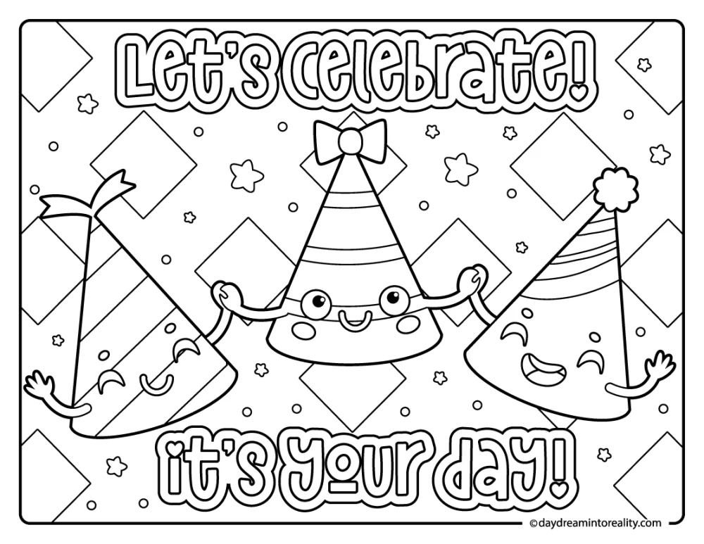 Birthday hats and celebration banner coloring sheet with stars