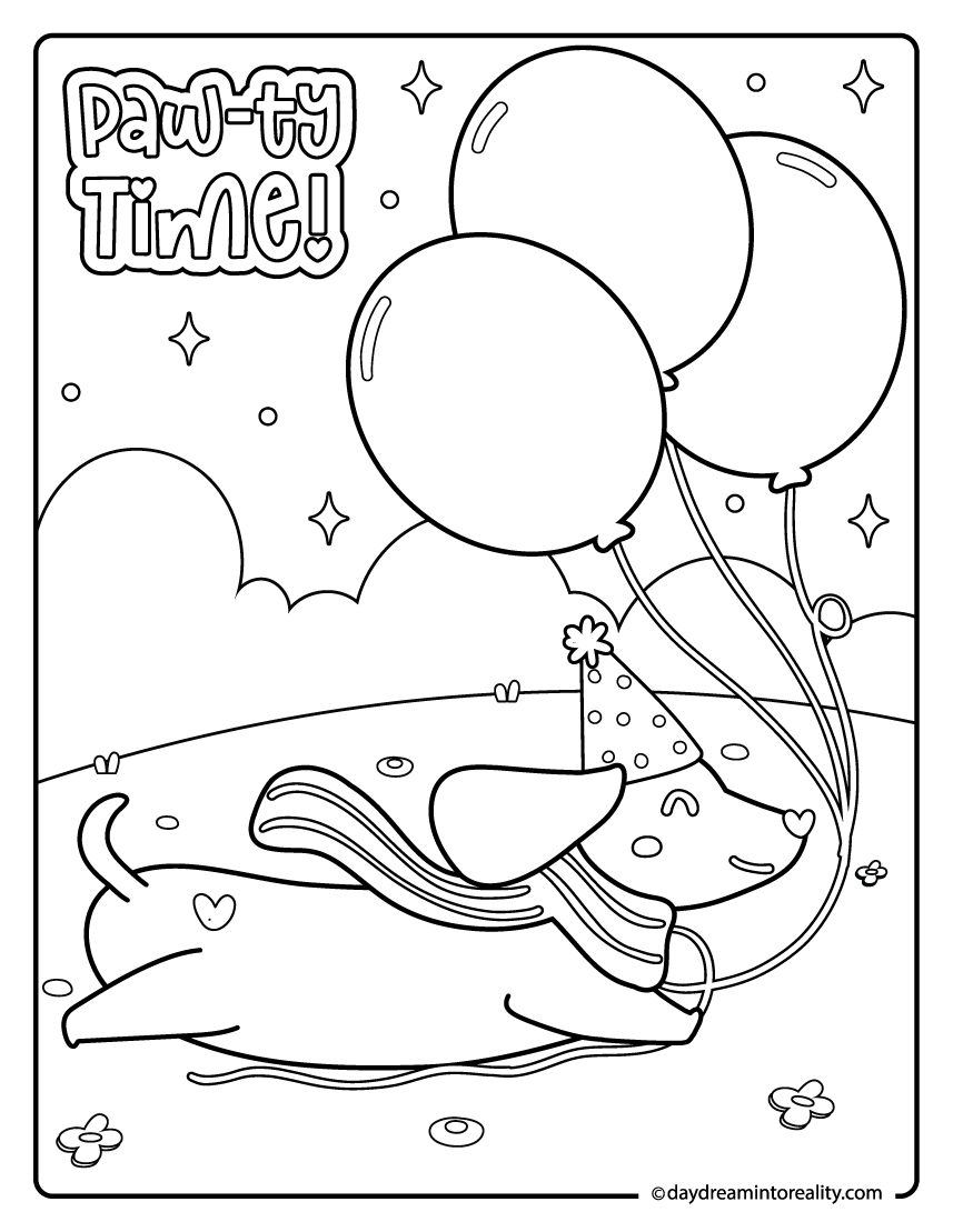 Pawty Time! Cute happy birthday dog running with balloons coloring page