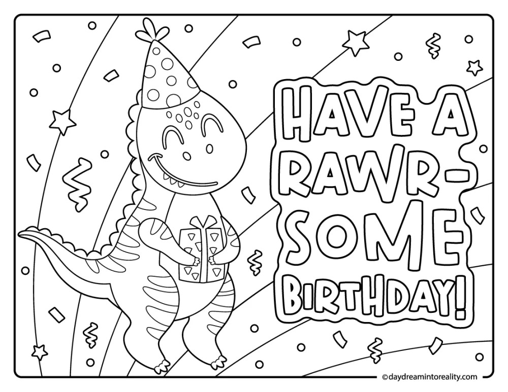 Cute t-rex birthday coloring page with gift box and party hat