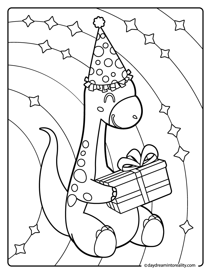 Dinosaur birthday coloring page with gift box and party hat