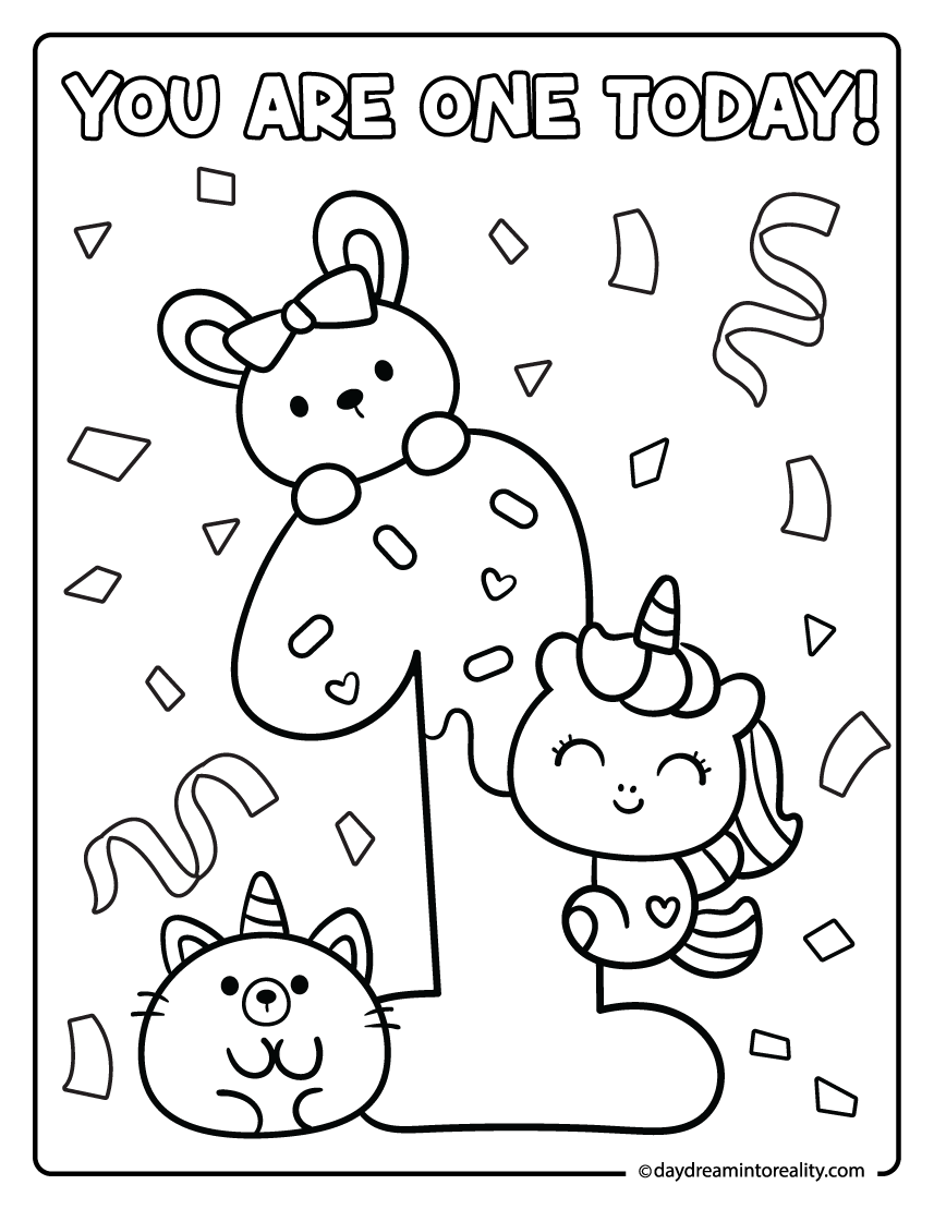 Kawaii animal 1st birthday coloring page with bear, bunny, and unicorn