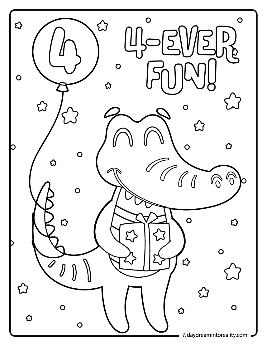 Crocodile birthday coloring page with number 4 balloon and bowtie
