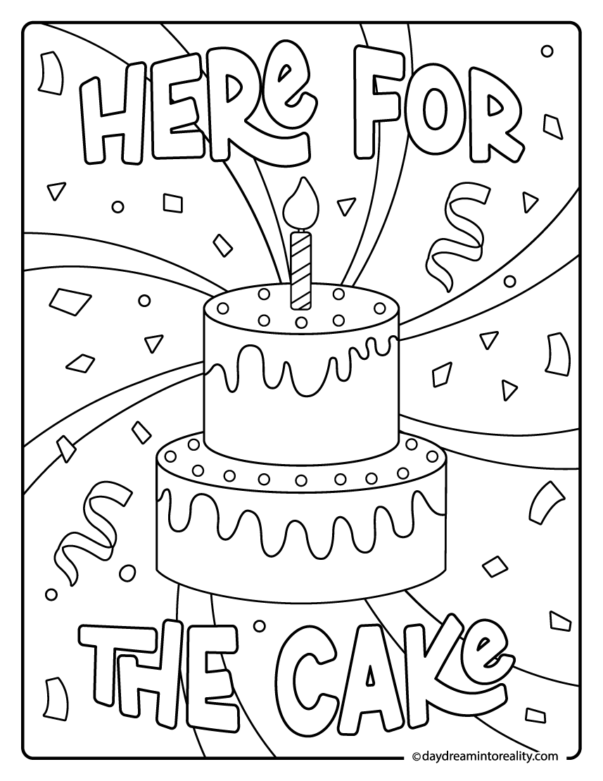 Birthday cake coloring page with 'here for the cake' pun and stars