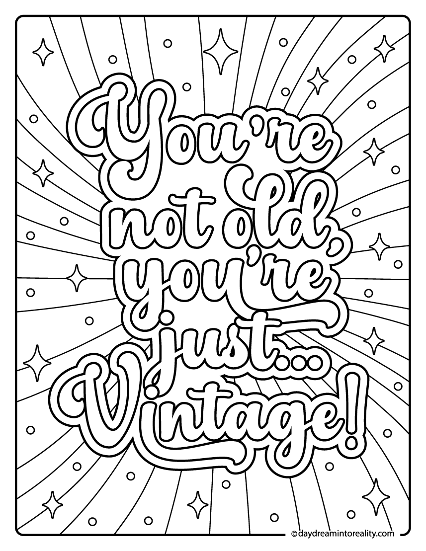 Funny vintage-themed birthday coloring page with retro rays