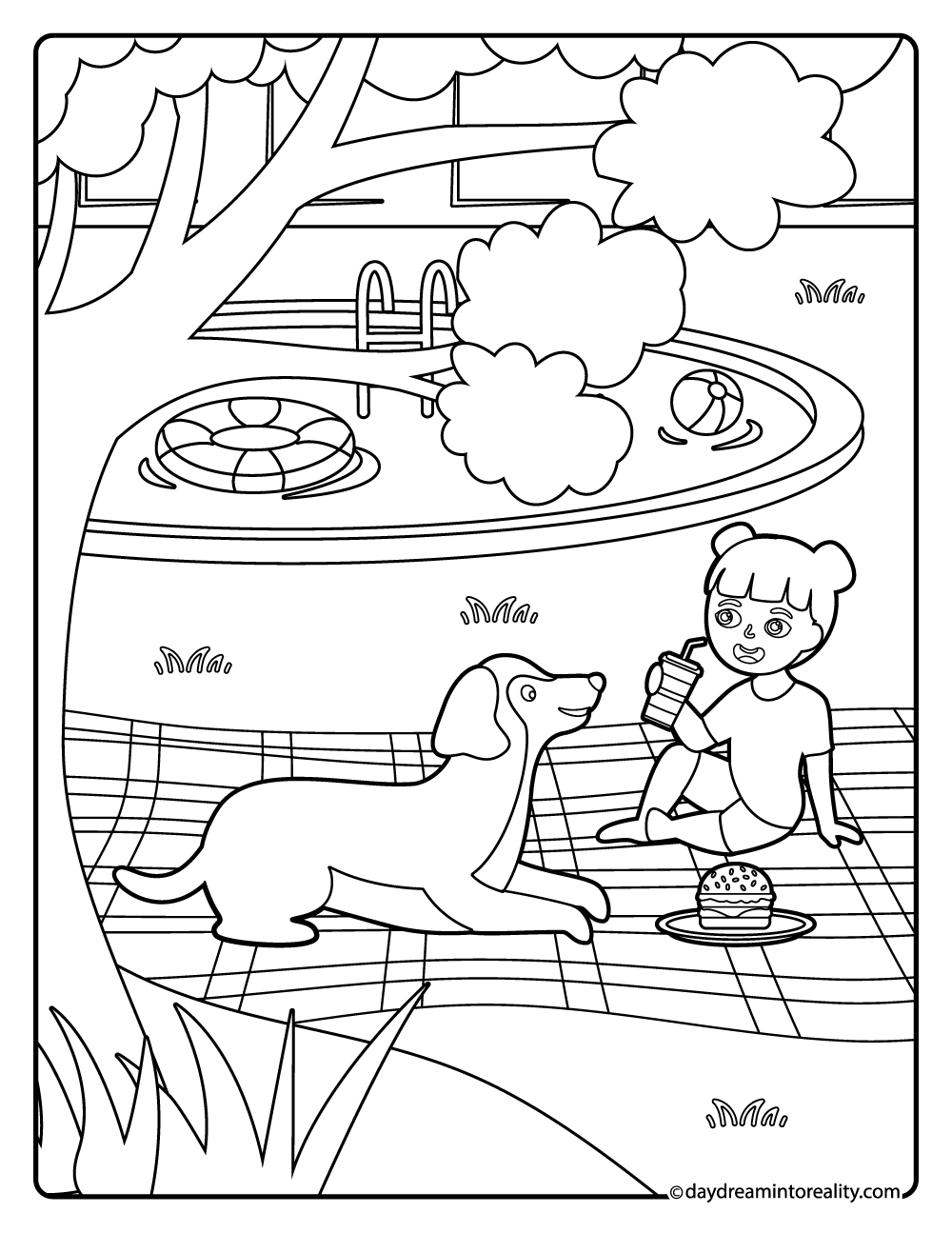 Girl and dog having a summer picnic coloring page